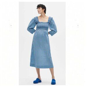 GANNI Seersucker Check Smock Midi Dress - Azure Blue